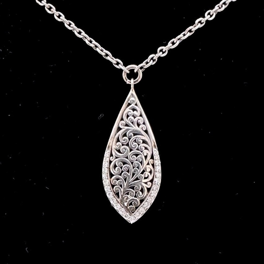 LH Womens Teardrop Necklace 925 Sterling Silver Filigree Diamond Accents